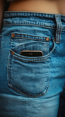 Person is wearing blue jeans with a smartphone in their pocketの素材