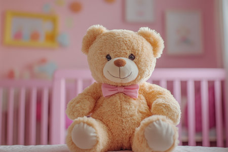 Teddy bear with a pink bow sitting on a cot in a pink bedroom, waiting for a baby girl to playの素材