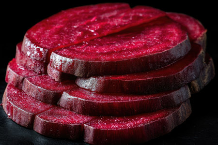 Fresh beetroot slices stacked on top of each other, creating a colorful and textured culinary backgroundの素材