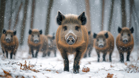 Group of wild boars in the snow, looking for food in winter forest.の素材