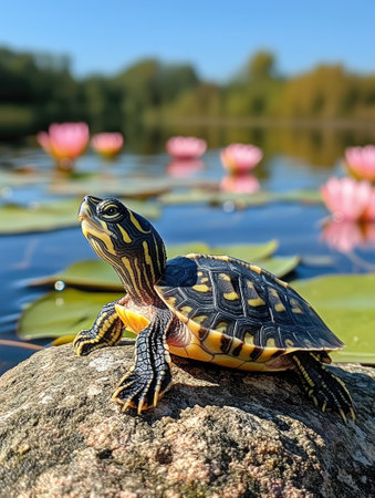 A small turtle with intricate shell patterns basks under the sun on a rock, surrounded by a tranquil pond filled with lush green lily pads and distant trees under a clear blue sky.の素材