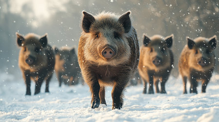 Group of wild boars in the snow, looking for food in winter forest.の素材