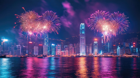 Pink and purple fireworks exploding over a city skyline at nightの素材