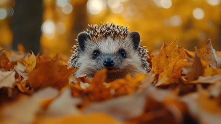 Hedgehog peeking out from behind autumn leaves, its spines and ears visible among the colorful foliage of yellow and brown leavesの素材