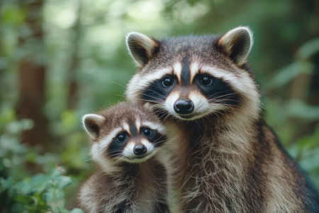 Mother raccoon keeping her cub close while exploring a lush green forestの素材