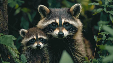 Mother raccoon keeping her cub close in the lush green undergrowth of the forestの素材