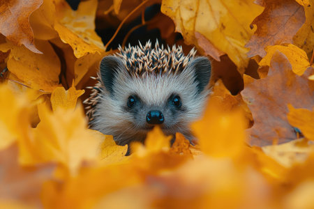 Hedgehog peeking out from behind autumn leaves, its spines and ears visible among the colorful foliage of yellow and brown leavesの素材