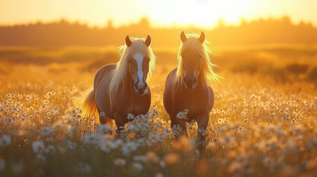 Two beautiful horses standing in a field of daisies enjoying a beautiful golden sunsetの素材