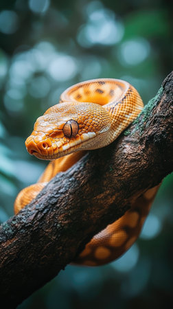 Orange snake is resting on a branch in nature, enjoying the warmth of the sunの素材