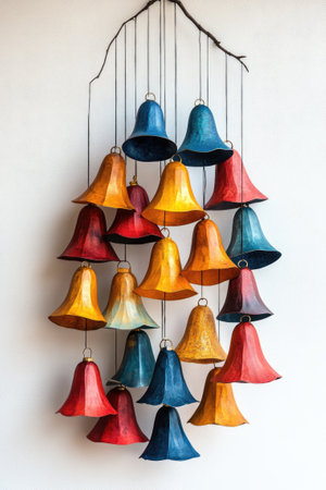 Christmas tree branch with three colorful bells hanging, a festive watercolor illustrationの素材