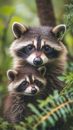 Mother raccoon keeping her cub safe in the forest, both with big, curious eyesの素材