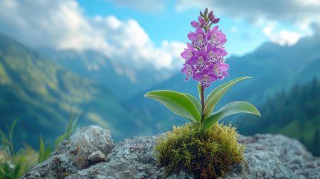 Single purple orchid growing on a mossy rock with mountains in the backgroundの素材
