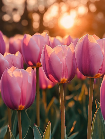 A bed of purple tulips in a garden, with sunlight filtering through the leaves and petals.の素材