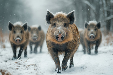 Group of wild boars in the snow, looking for food in winter forest.の素材