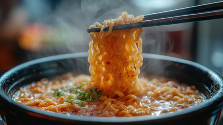 Chopsticks lifting noodles from a steaming hot bowl of ramenの素材