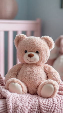 Teddy bear with a pink bow sitting on a cot in a pink bedroom, waiting for a baby girl to playの素材