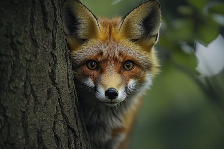 Curious red fox is peeking from behind a tree in the forest, with autumn leaves in the backgroundの素材
