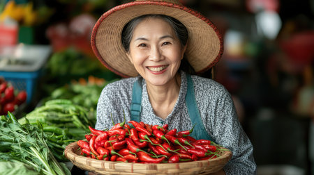 Elderly woman wearing a straw hat smiling while holding a basket of chili peppers at a farmers marketの素材