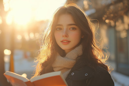 Beautiful young woman is holding a book while enjoying the warm winter sunlightの素材