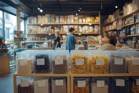 Customer is choosing nuts from a shelf in a zero waste storeの素材