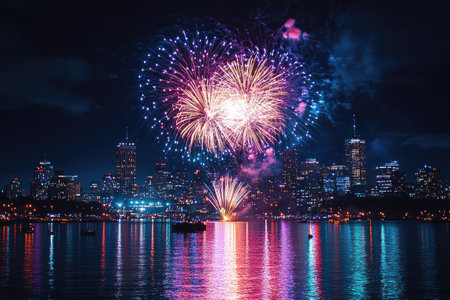 Colorful fireworks exploding over the Toronto skyline reflected in the water at nightの素材