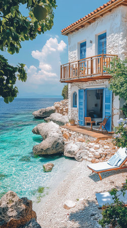 Charming white house with blue shutters sits perched on the rocky coast of a Greek island, offering breathtaking views of the turquoise seaの素材