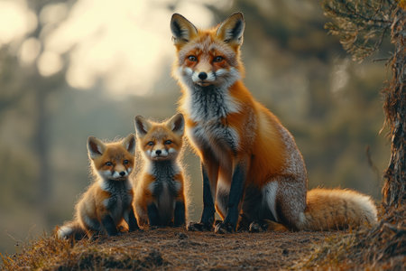 Red fox vixen and two small cubs sitting together in a forest settingの素材