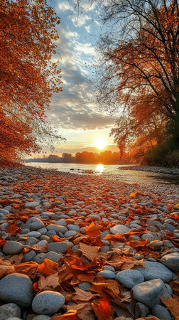 Scenic autumn landscape with colorful foliage on a rocky river bank at sunsetの素材