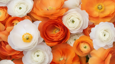 Beautiful composition of fresh ranunculus flowers in orange and white, perfect for spring and summer themesの素材