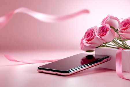 Pink roses, gift box and smartphone on a pink background are waiting for Valentine's dayの素材