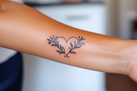 Close-up of a delicate heart and leaf tattoo on a woman's forearm, symbolizing love, nature, and personal expressionの素材