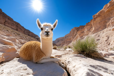 White and brown llama resting on a rock in a desert canyon on a sunny dayの素材