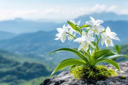 White orchids growing on a rock overlooking a mountain rangeの素材