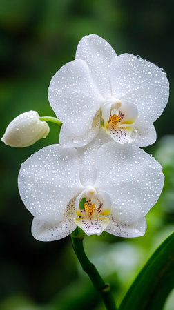 Water drops cover two white phalaenopsis orchids blooming on a green stem against a blurred backgroundの素材