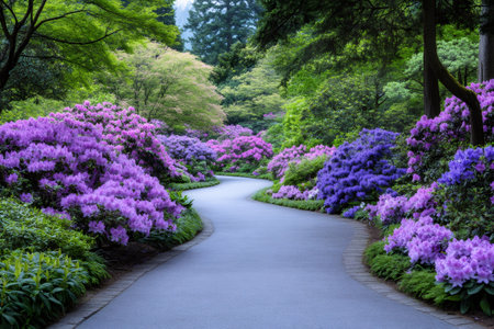 Beautiful landscape of blooming rhododendrons along a winding path in Butchart Gardensの素材