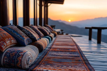 Pillows and carpets creating a relaxing atmosphere on the outdoor terrace during sunset in the mountainsの素材