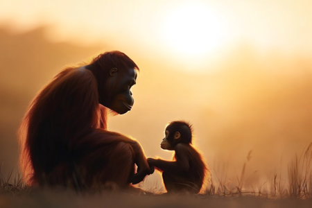 Mother orangutan holding hand with her baby at sunsetの素材