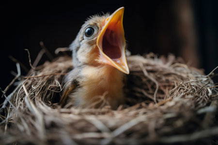Newborn bird opening beak in nest chirping and waiting for foodの素材