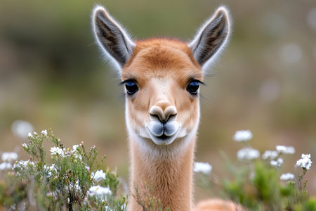 Close-up of a guanaco emerging from the Patagonian steppe vegetationの素材