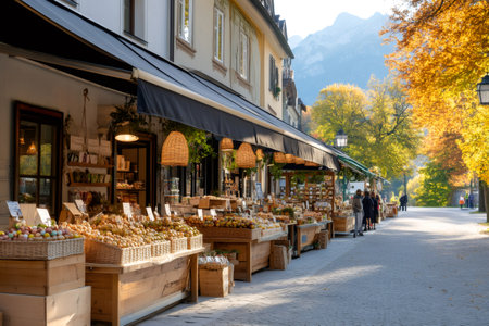 Outdoor market selling fresh fruits and vegetables in Bad Reichenhall, Germany, during a sunny autumn dayの素材