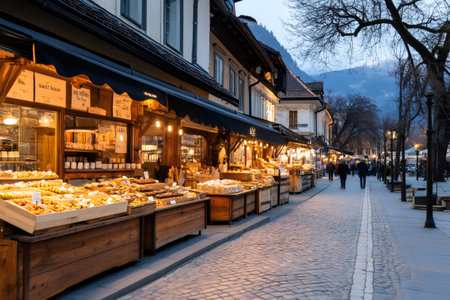 Wooden stalls selling local products illuminate a charming cobblestone street in Brasov at dusk, with tourists strolling and enjoying the atmosphereの素材