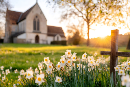 White daffodils blooming near a wooden cross in a churchyard in front of a church at sunsetの素材