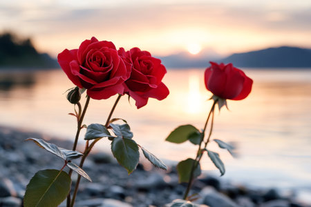 Red roses blooming on a pebble beach at sunsetの素材