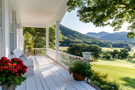 Relaxing porch of a white house with red flowers overlooking a beautiful green valley in the morningの素材