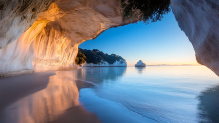 Golden light of sunrise reflecting on wet sand of cathedral cove beach, viewed from inside a majestic sea cave at low tideの素材