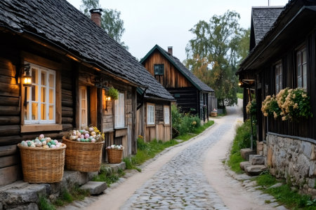 Traditional wooden houses line a cobblestone street in the old town of Porvoo, Finland, creating a picturesque sceneの素材