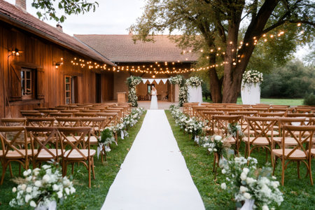 Elegant bride walking down the aisle in amazing outdoor wedding ceremony venue decorated with string lights and white flowersの素材
