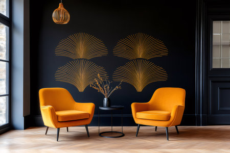 Stylish interior design of living room with two orange armchairs, black wall with golden pattern, wooden pendant lamp, small table with vase and wooden floorの素材