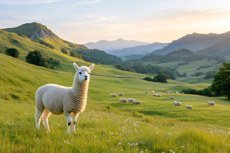 Alpaca stands in a field with sheep grazing in the distance, surrounded by rolling hills and mountainsの素材