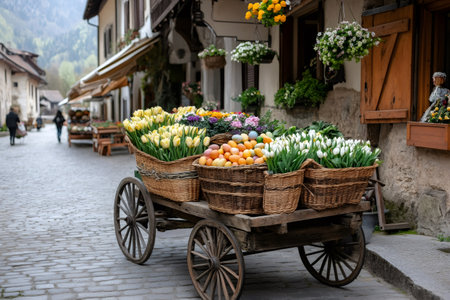 Rustic cart showcases tulips and produce on a cobblestone streetの素材